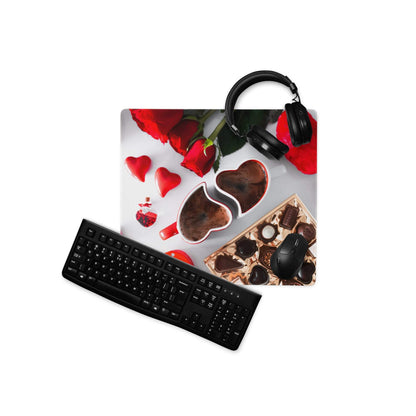 Valentines large gaming mouse pad with red roses hearts chocolates white background
