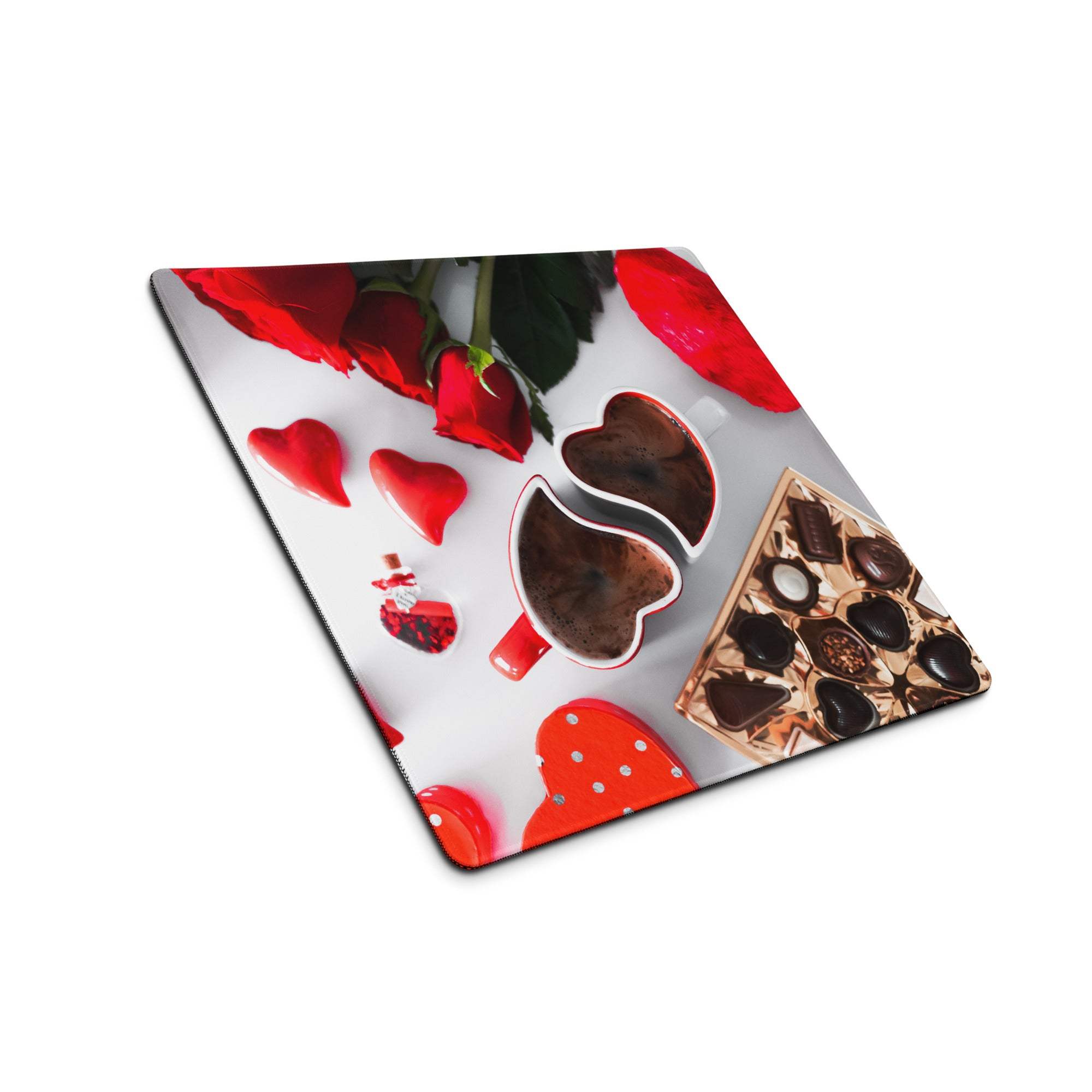 Valentine red rose gaming mouse pad with chocolates, coffee, candies
