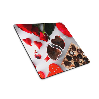 Valentine red rose gaming mouse pad with chocolates, coffee, candies