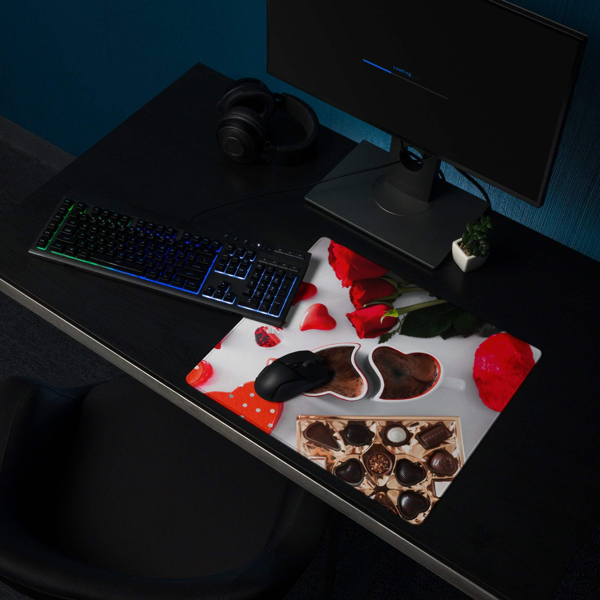 Valentine large gaming mouse pad with red roses, heart chocolates, non-slip base