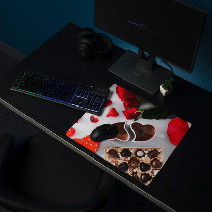 Valentine large gaming mouse pad with red roses, heart chocolates, non-slip base