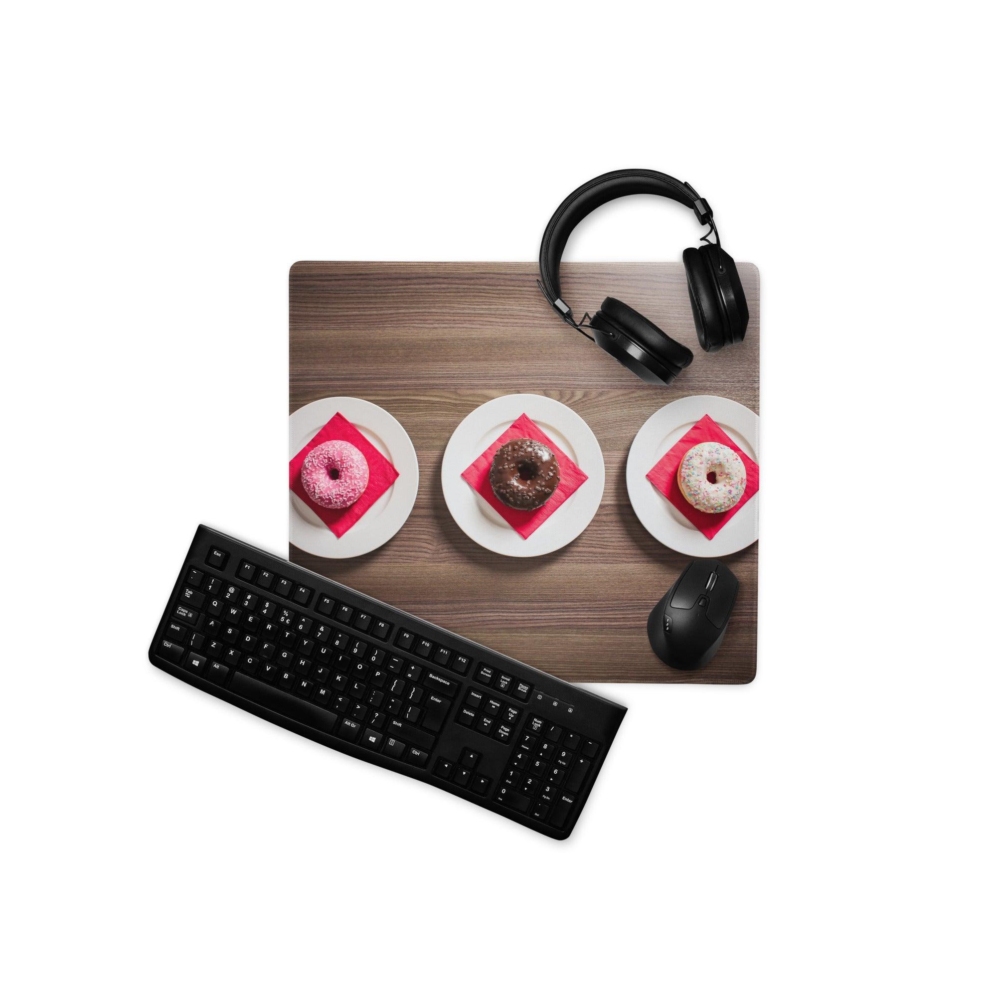 Wood grain brown large gaming mouse pad with donuts print and headphones