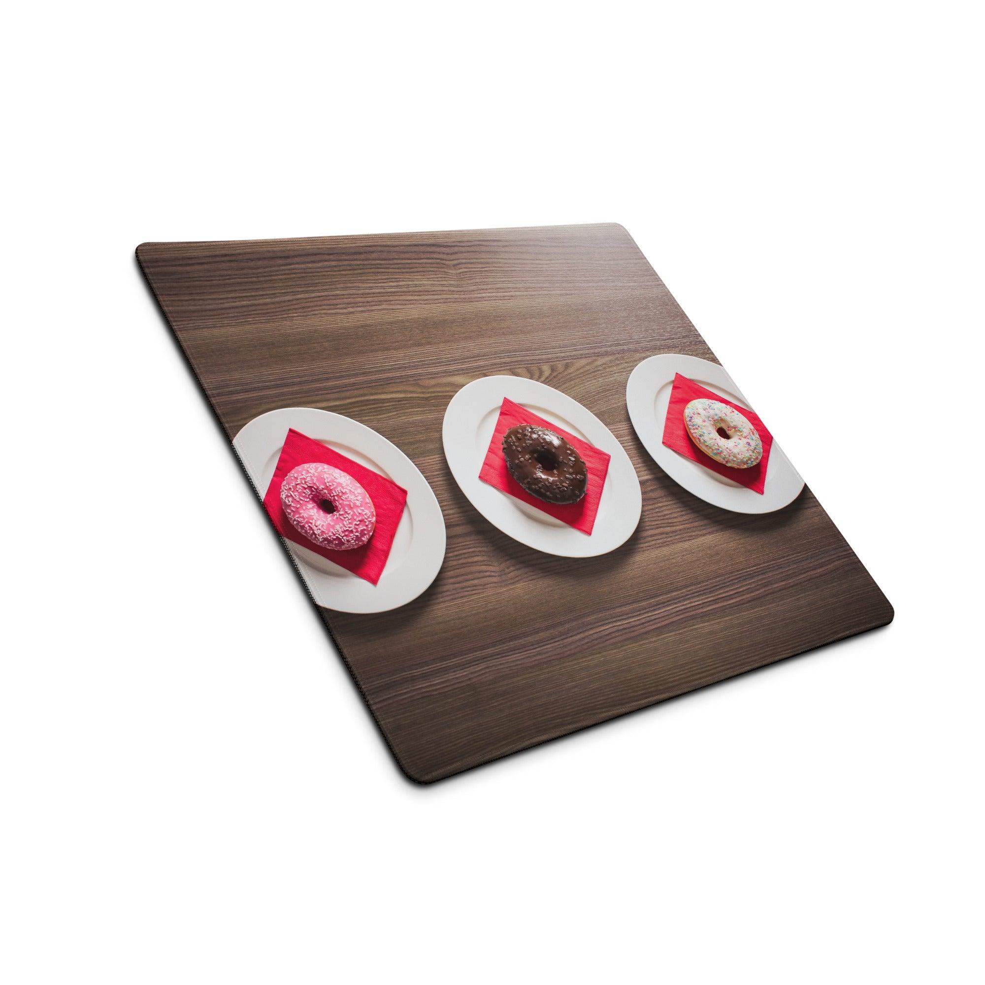 Wood grain brown gaming mouse pad with donuts print, non-slip base
