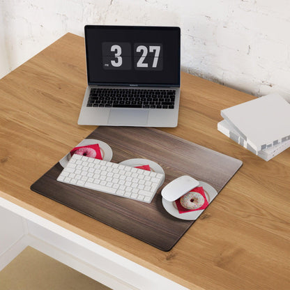 Dark wood-grain gaming mousepad with printed donuts on white plates