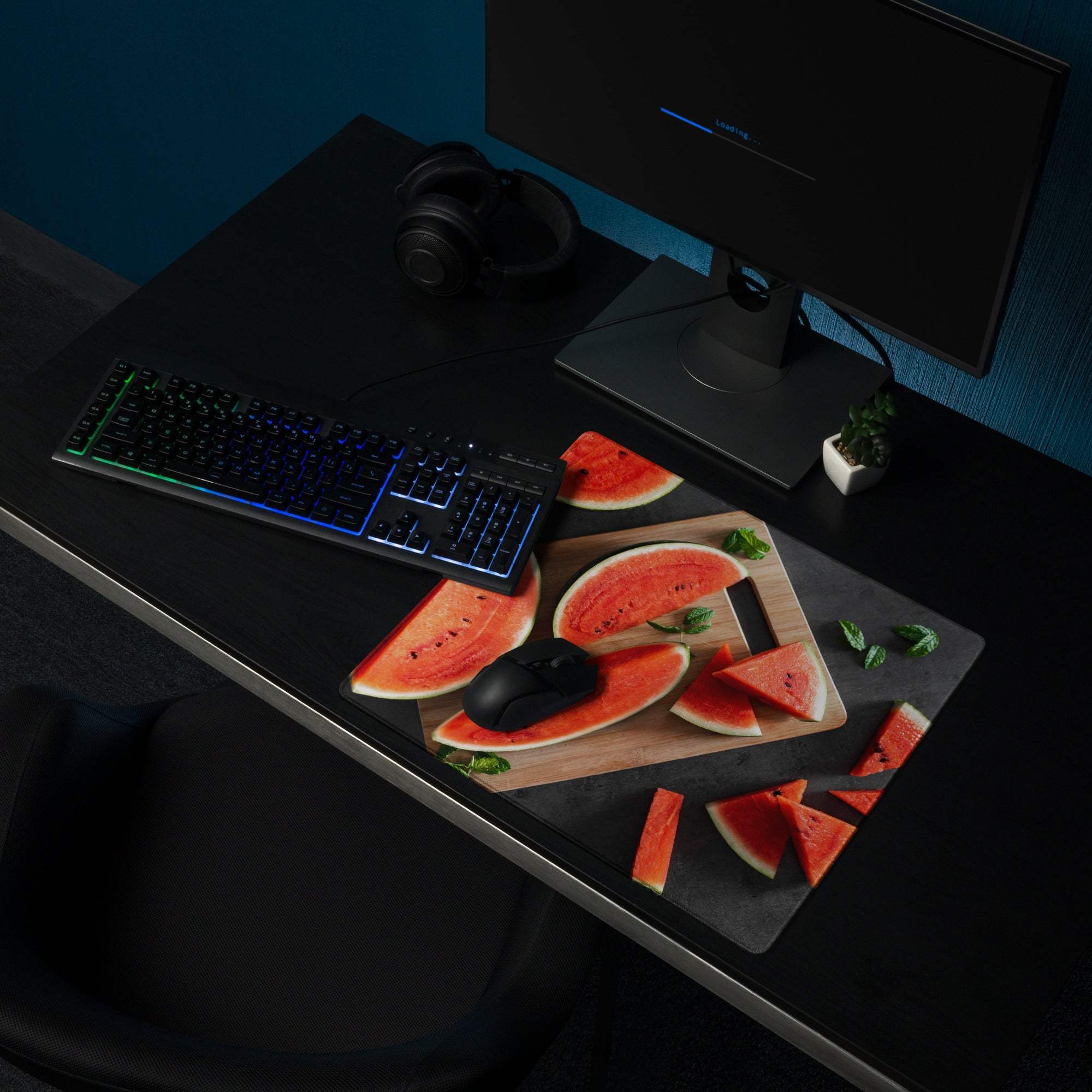 Vibrant watermelon gaming mouse pad with cutting board design and fruit slices