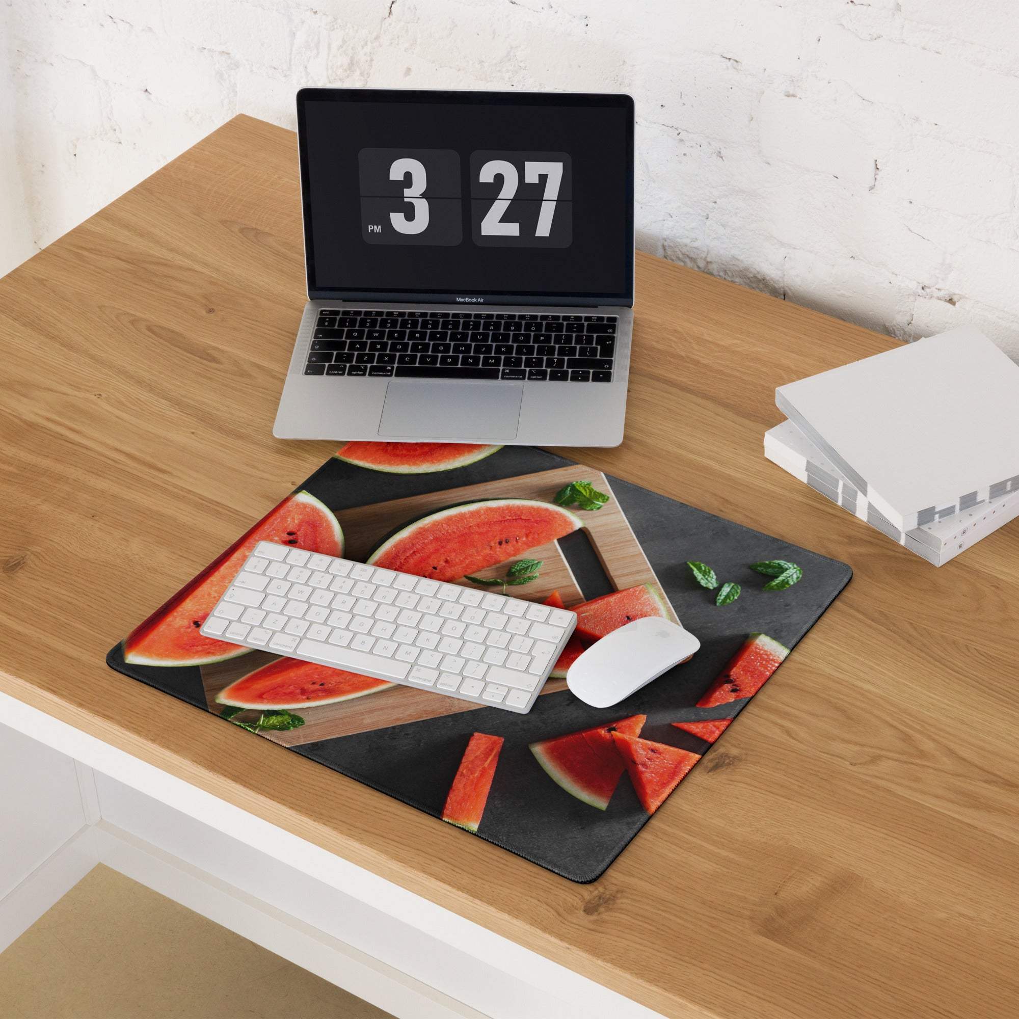 Vibrant watermelon gaming mouse pad with red slices, green rinds, mint leaves