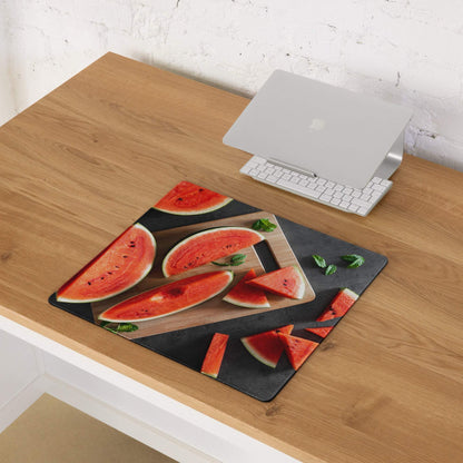 Black watermelon gaming mouse pad with red slices, mint leaves, non-slip base