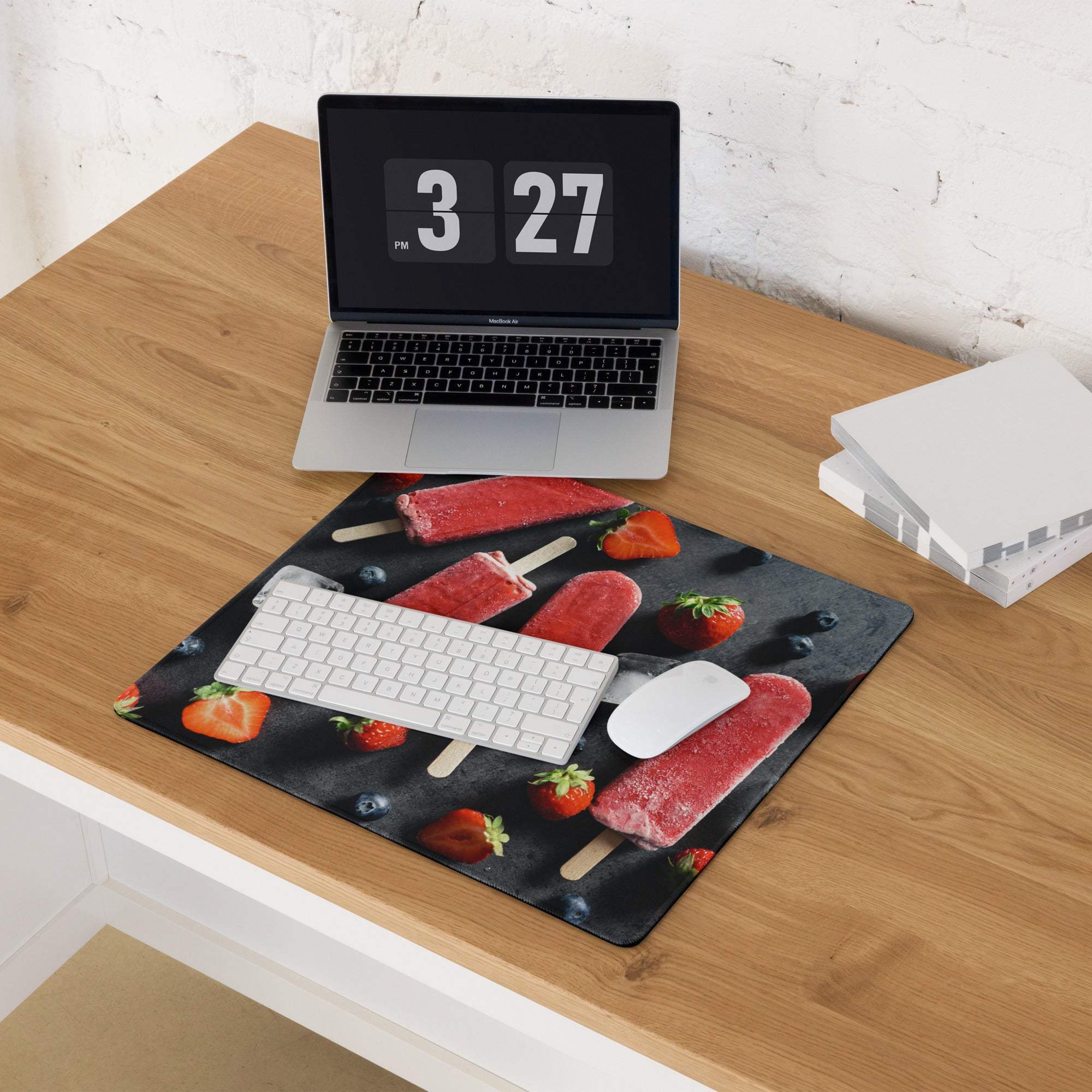 Large gaming mouse pad with red popsicles, strawberries, blueberries design