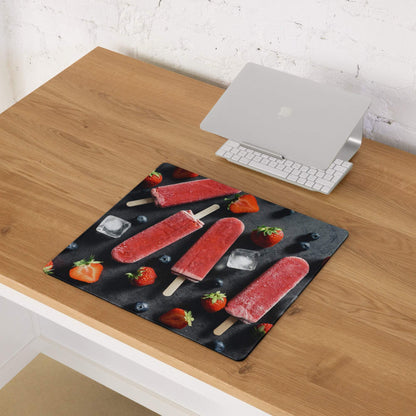 Large black gaming mouse pad with strawberry popsicles, berries, ice cubes design