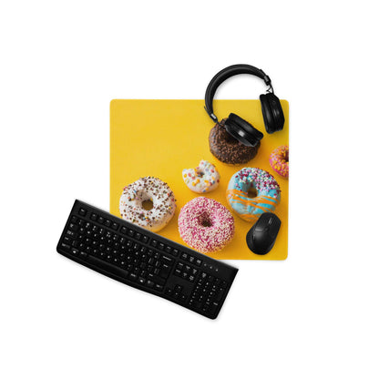 Vibrant large gaming mouse pad with colorful donuts print and headphones