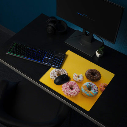 Vibrant large gaming mouse pad with colorful donuts, black mouse, non-slip base