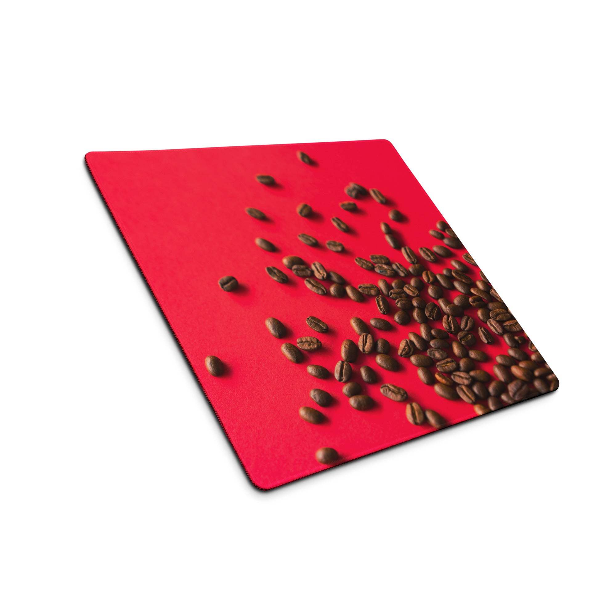 Bold red coffee bean themed gaming mouse pad with glossy finish