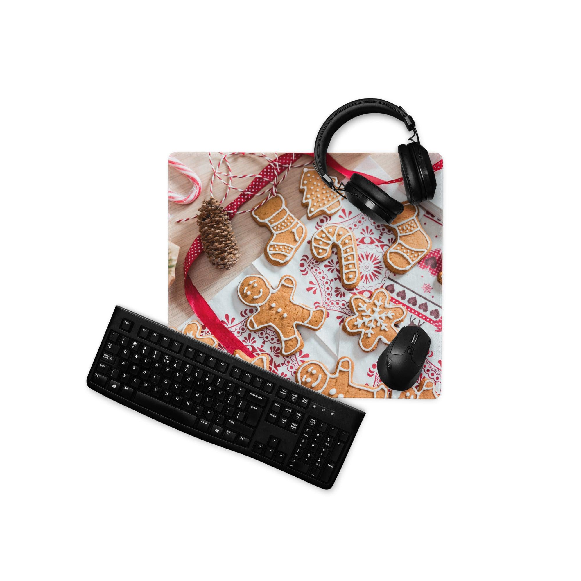 Festive Christmas gaming mouse pad with gingerbread cookies, ribbon, pinecones