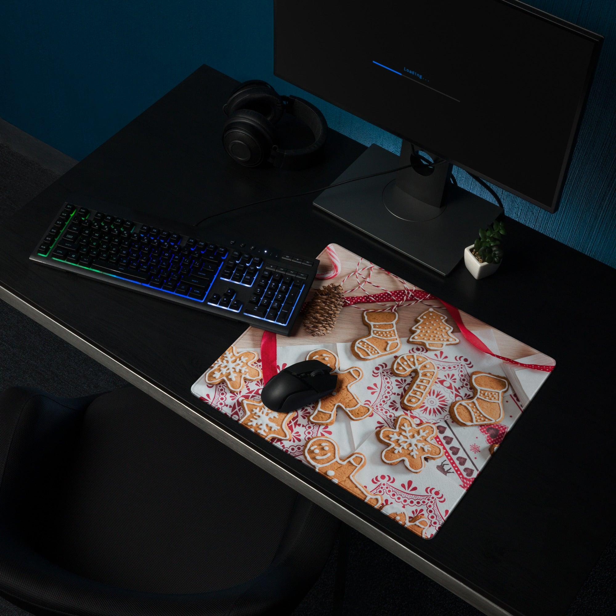 Festive gingerbread holiday gaming mouse pad large non-slip stitched edge