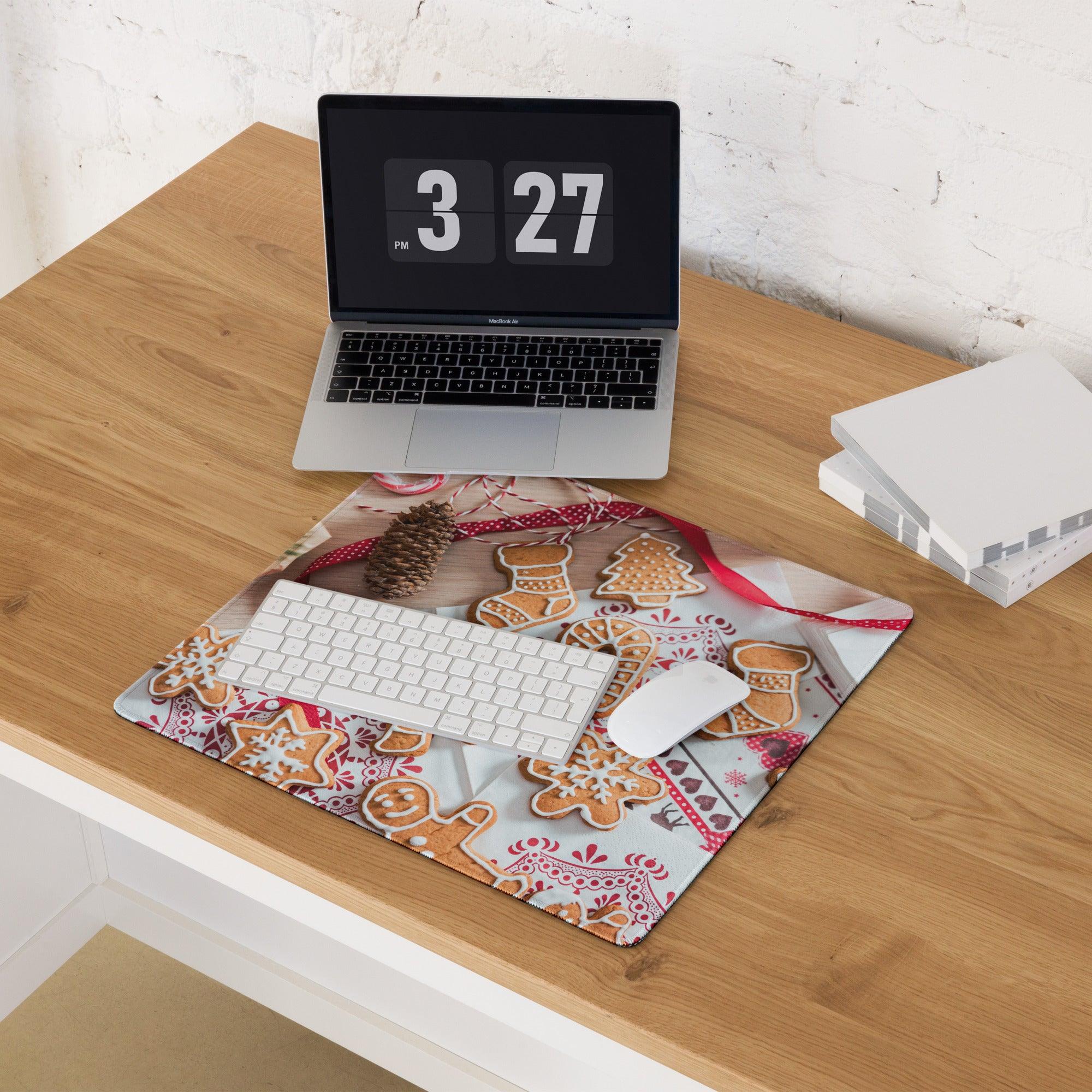 Festive holiday gaming mouse pad with gingerbread cookies and ribbons