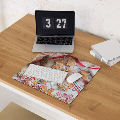 Festive holiday gaming mouse pad with gingerbread cookies and ribbons
