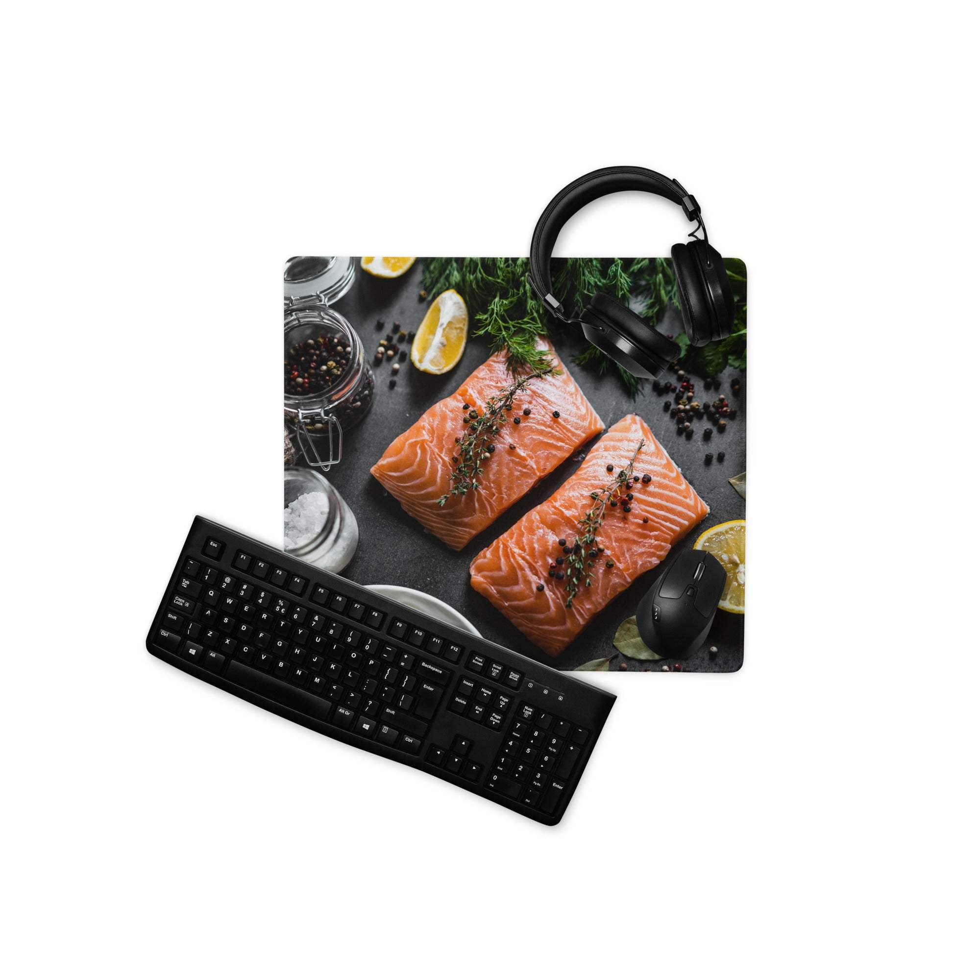 Black keyboard on premium large non-slip gaming mouse pad with salmon herbs design