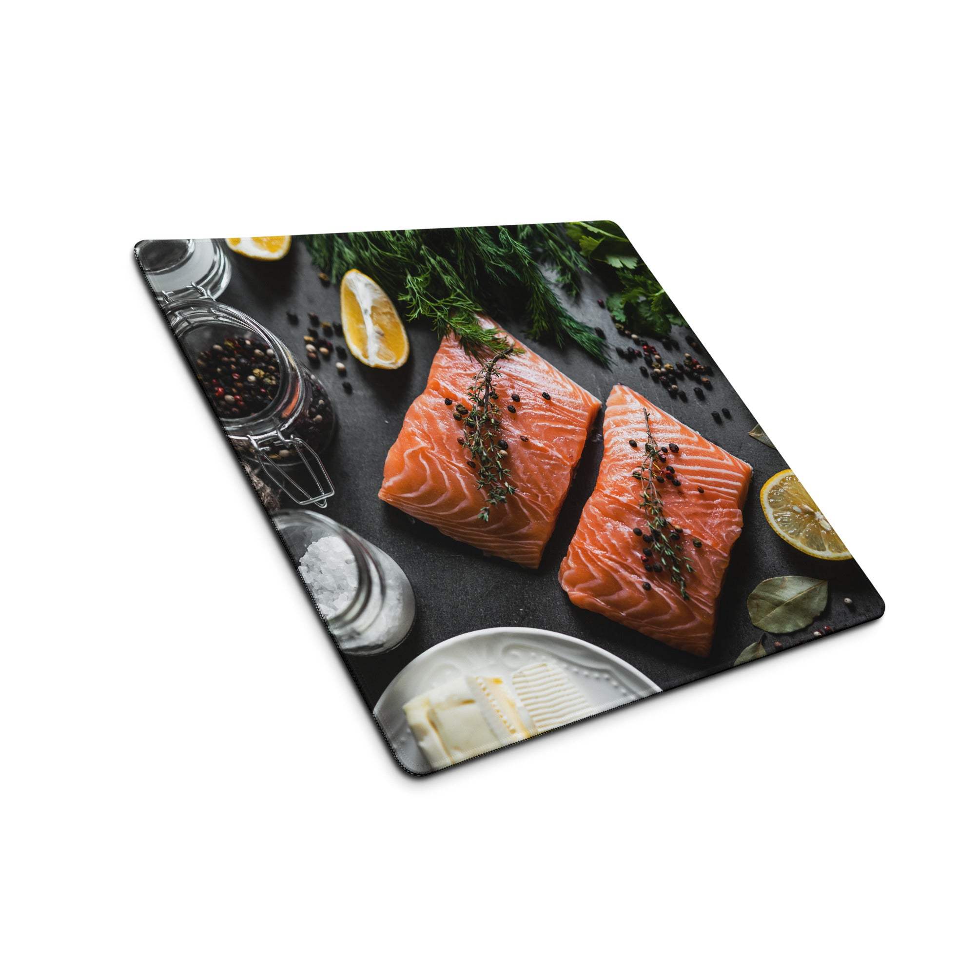 Premium large black non-slip gaming mouse pad with salmon fillet design