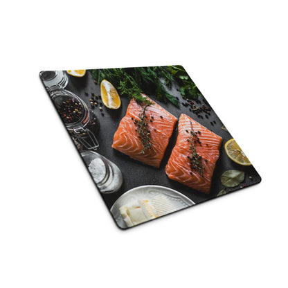 Premium large black non-slip gaming mouse pad with salmon fillet design