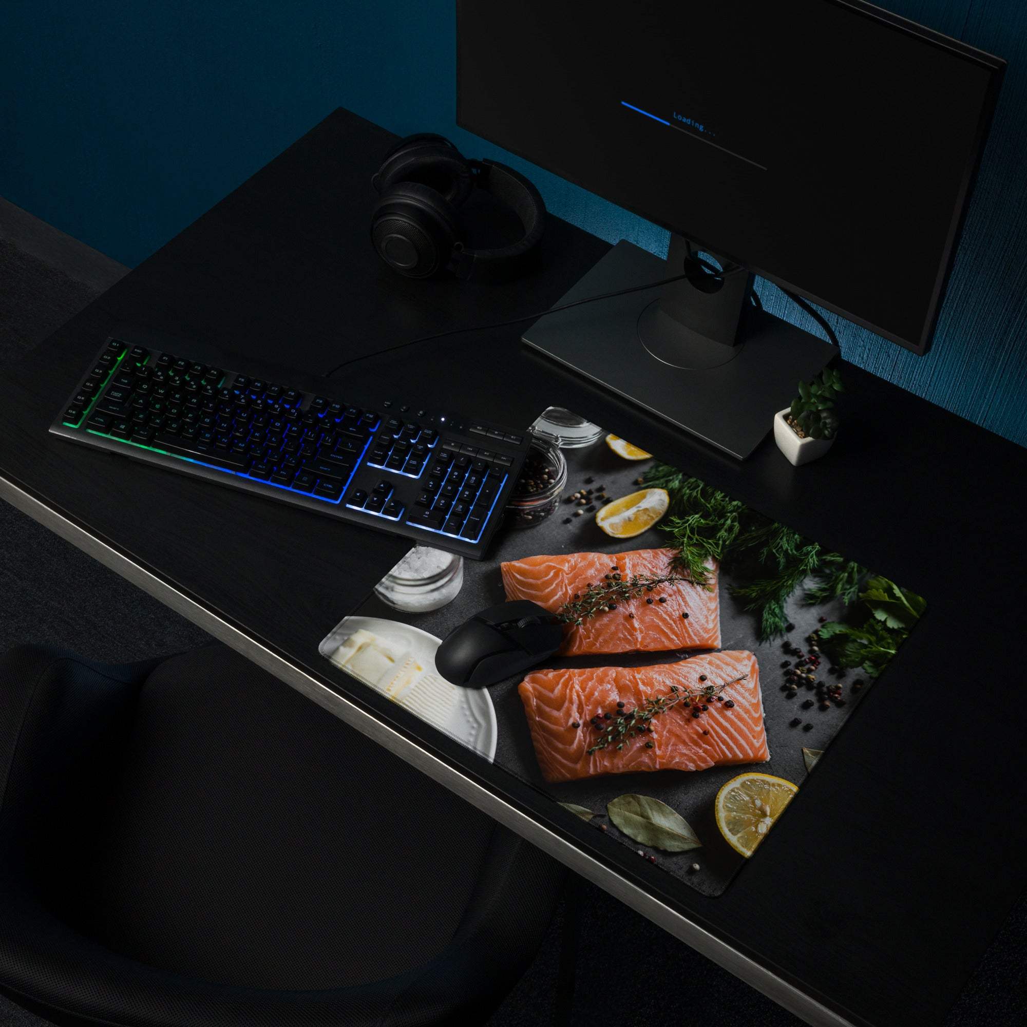Premium large non-slip salmon fillet gaming mouse pad with glossy vibrant orange fish, herbs, lemon slices, edge stitching