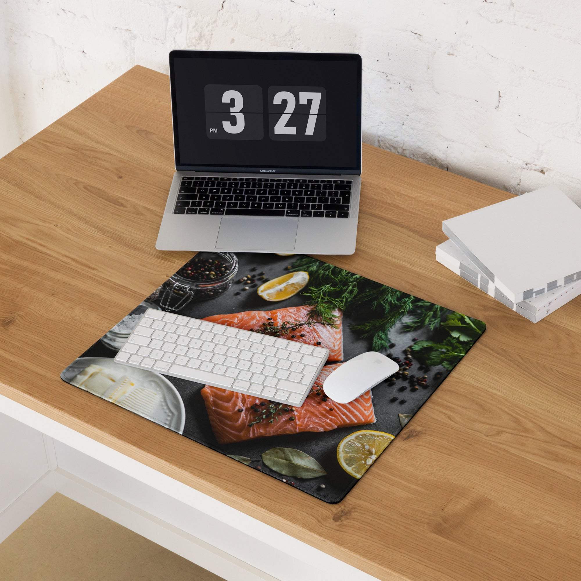 Premium large black gaming mouse pad with salmon theme, non-slip, stitched edges