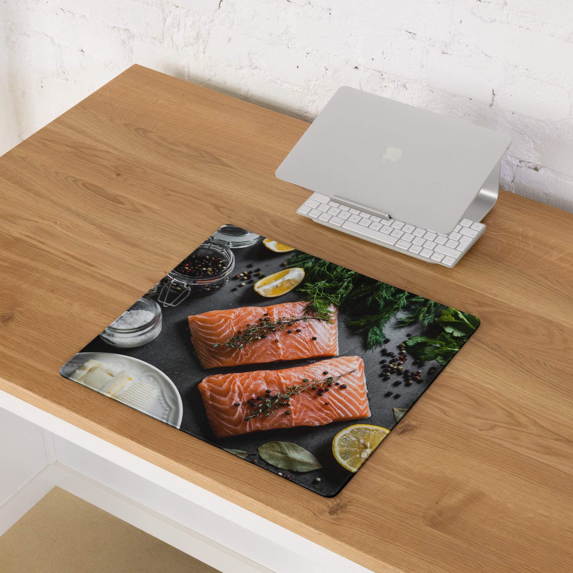 Premium large salmon-themed non-slip gaming mouse pad with edge stitching