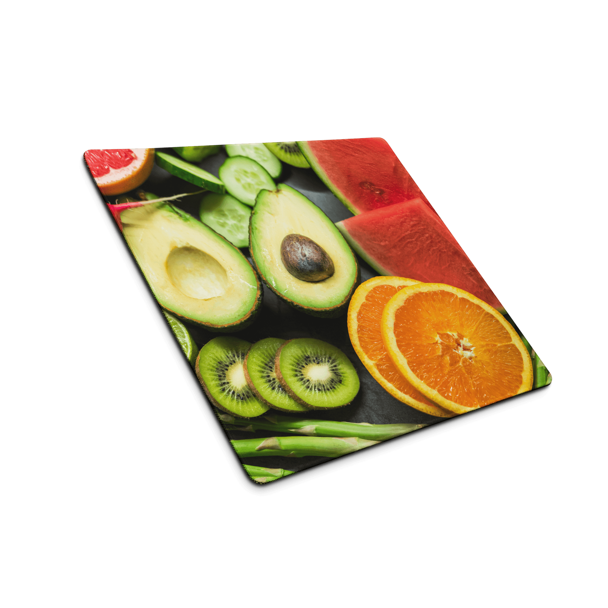 Vibrant sliced avocado kiwi orange watermelon on gaming mouse pad