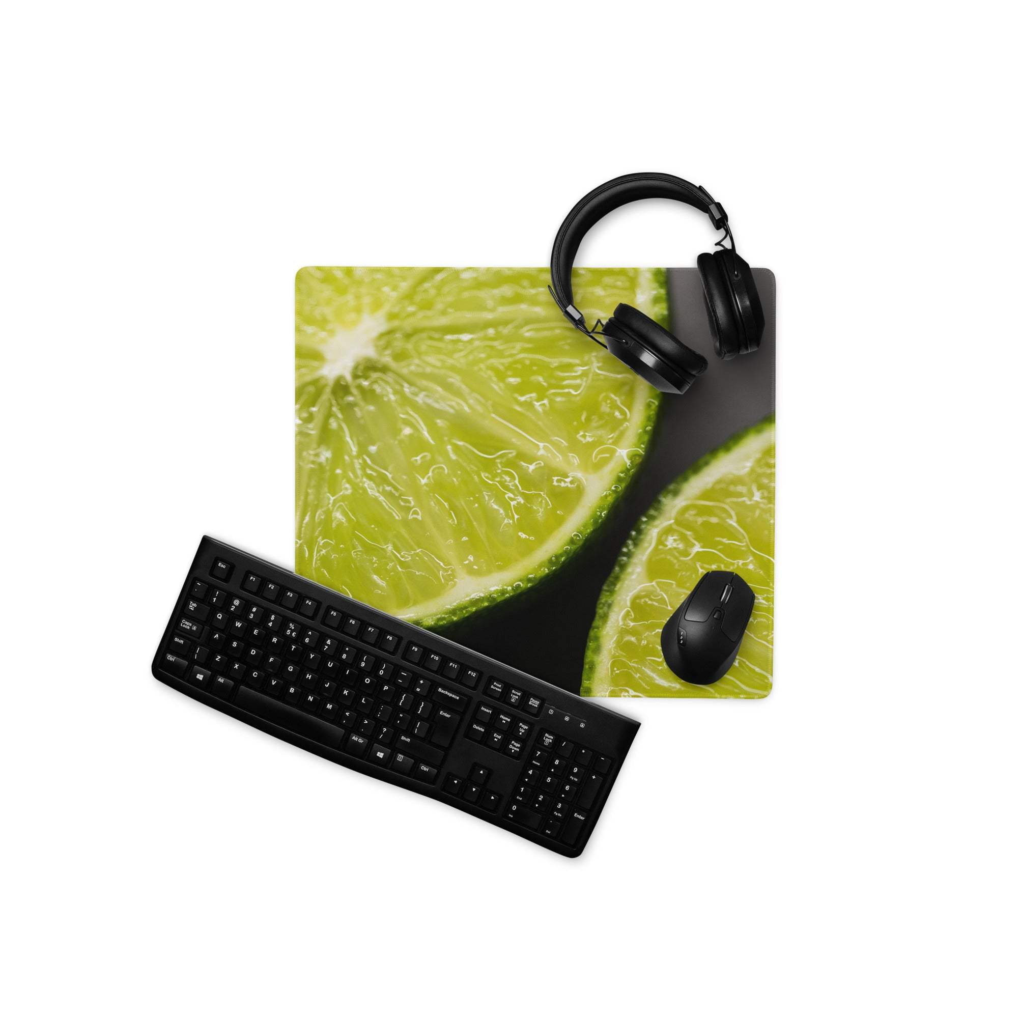 Vibrant lime slice gaming mouse pad with glossy finish, non-slip backing, stitched edges