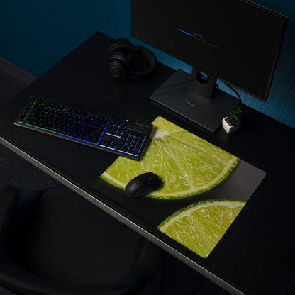 Vibrant lime slice gaming mouse pad with glossy juicy pulp, non-slip backing, stitched edges