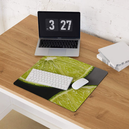 Vibrant lime slice gaming mouse pad with green black design, non-slip backing, stitched edges