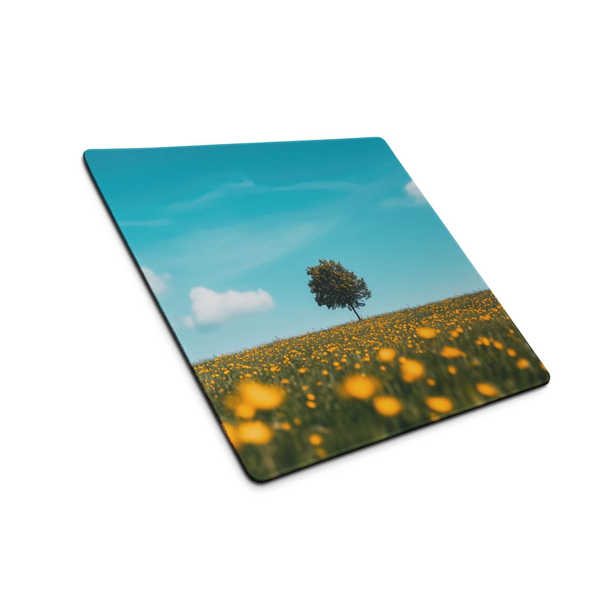 Serene lone tree in golden flower meadow on large gaming mouse pad