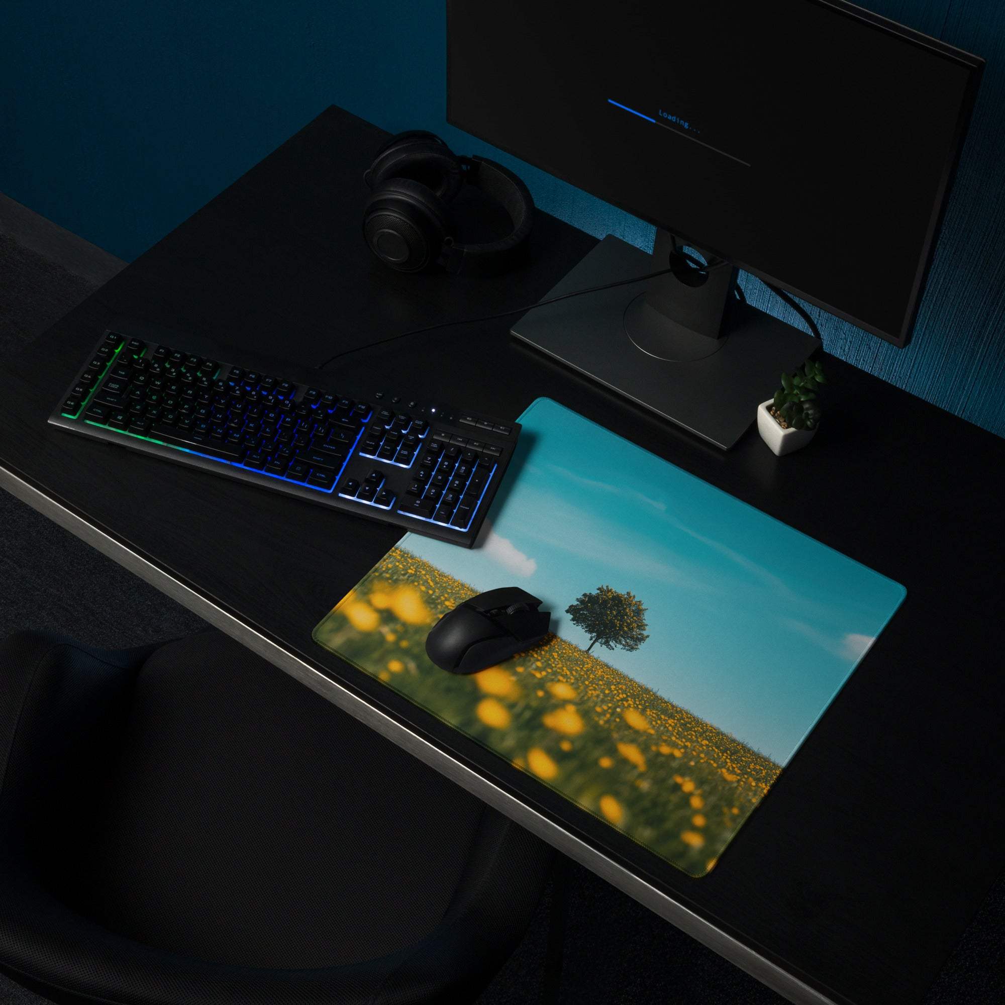 Serene lone tree in golden flower meadow under sunny blue sky gaming mouse pad