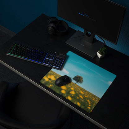 Serene lone tree in golden flower meadow under sunny blue sky gaming mouse pad