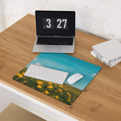 Serene lone tree in blue-green meadow with golden flowers mousepad