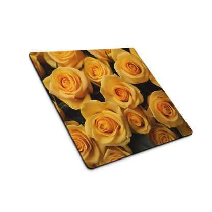 Large yellow rose gaming mouse pad with non-slip base and stitched edges