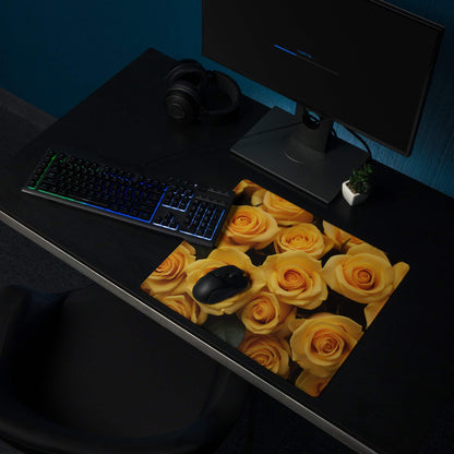 Large yellow rose gaming mouse pad with non-slip base on dark desk