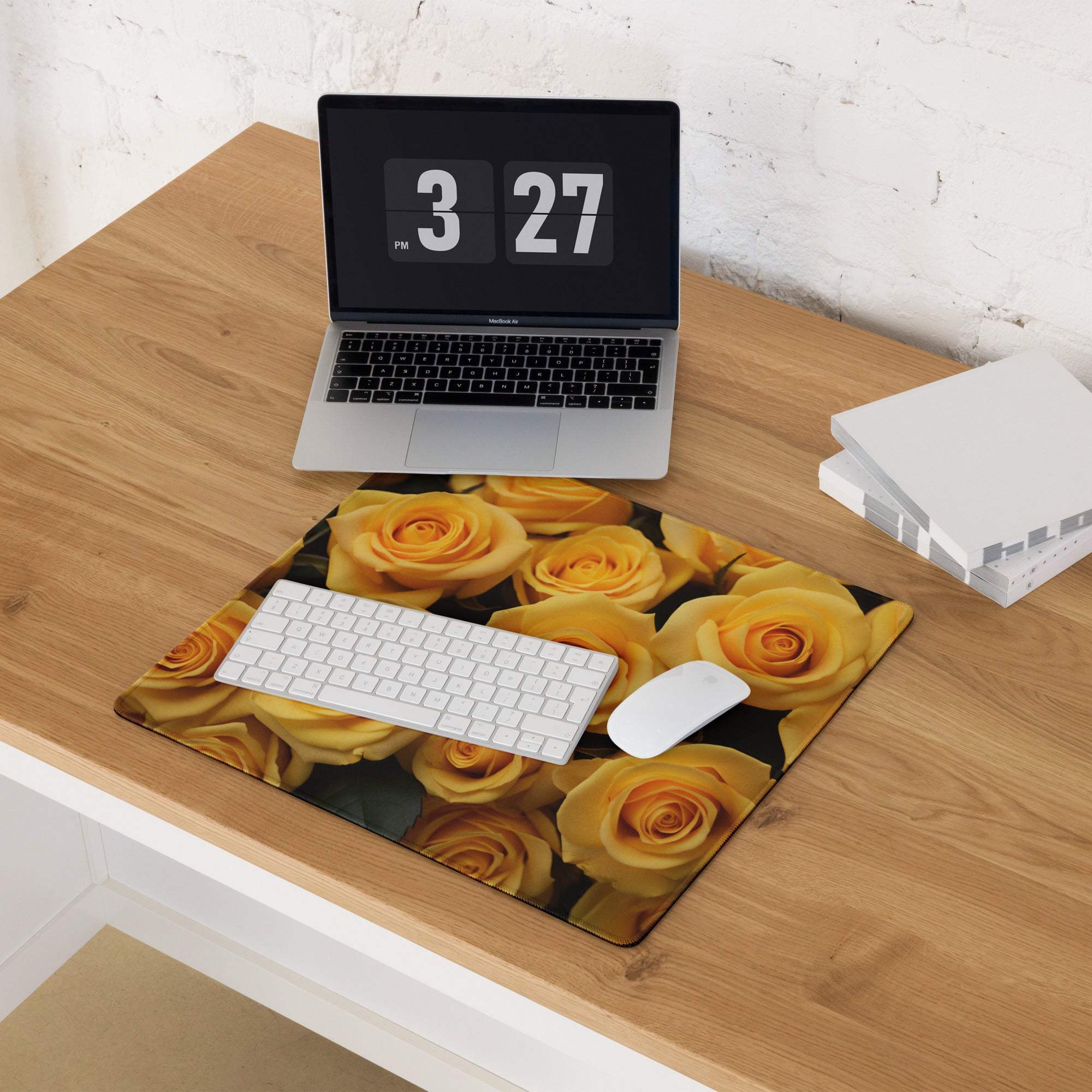 Large yellow rose gaming mouse pad with non-slip base and stitched edges
