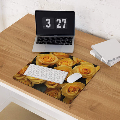Large yellow rose gaming mouse pad with non-slip base and stitched edges