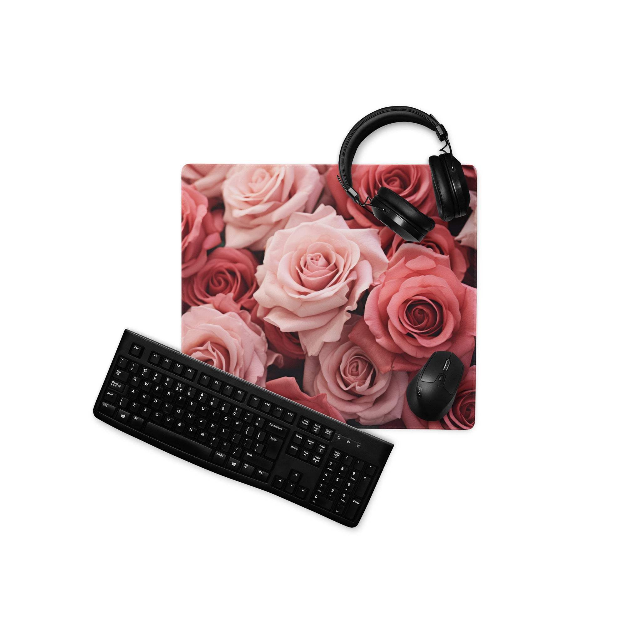 Elegant pink roses large gaming mouse pad with black keyboard and headphones
