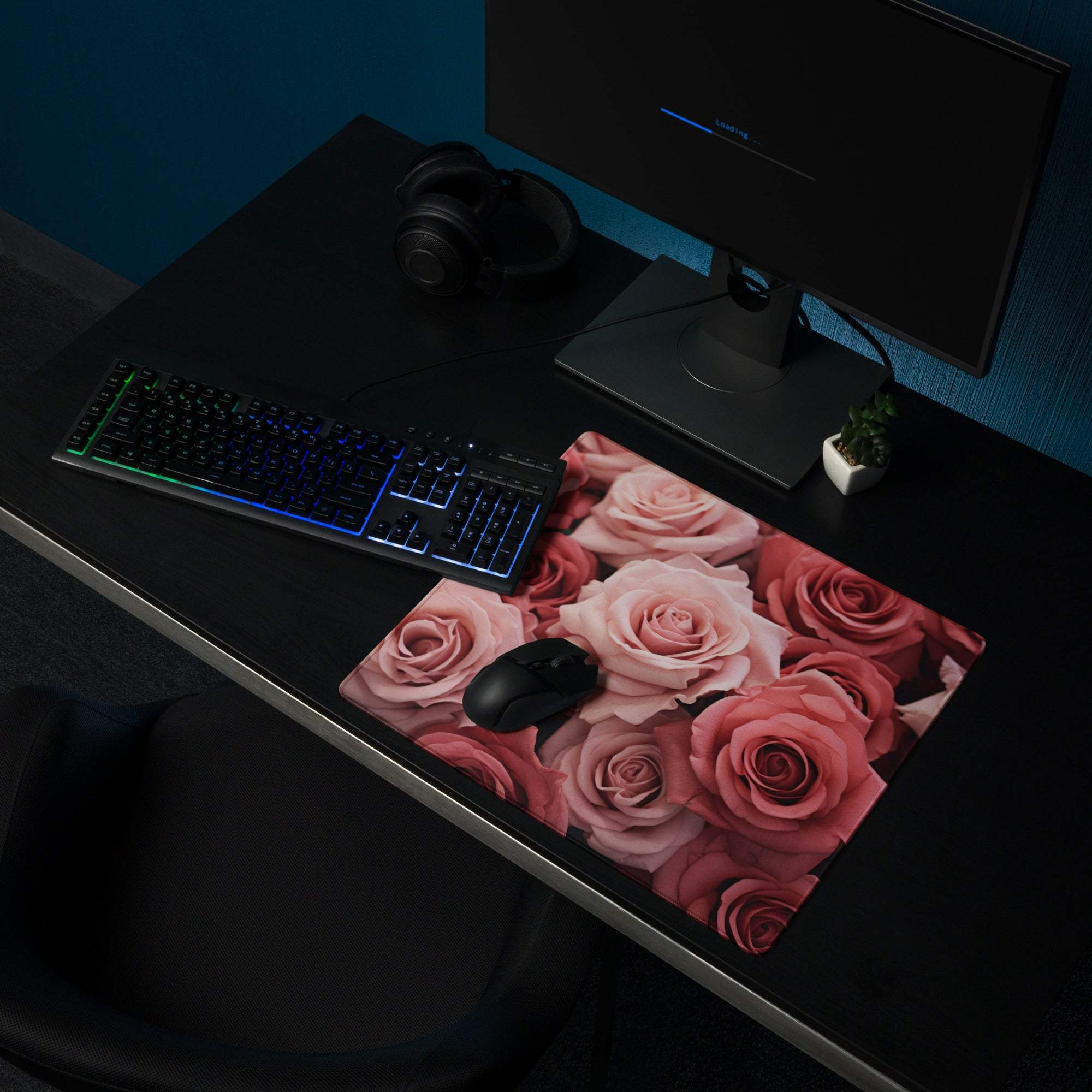 Elegant pink roses floral large gaming mouse pad with non-slip edges