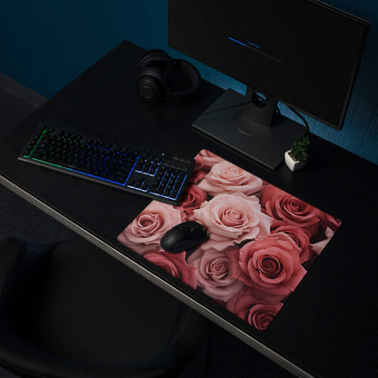 Elegant pink roses floral large gaming mouse pad with non-slip edges