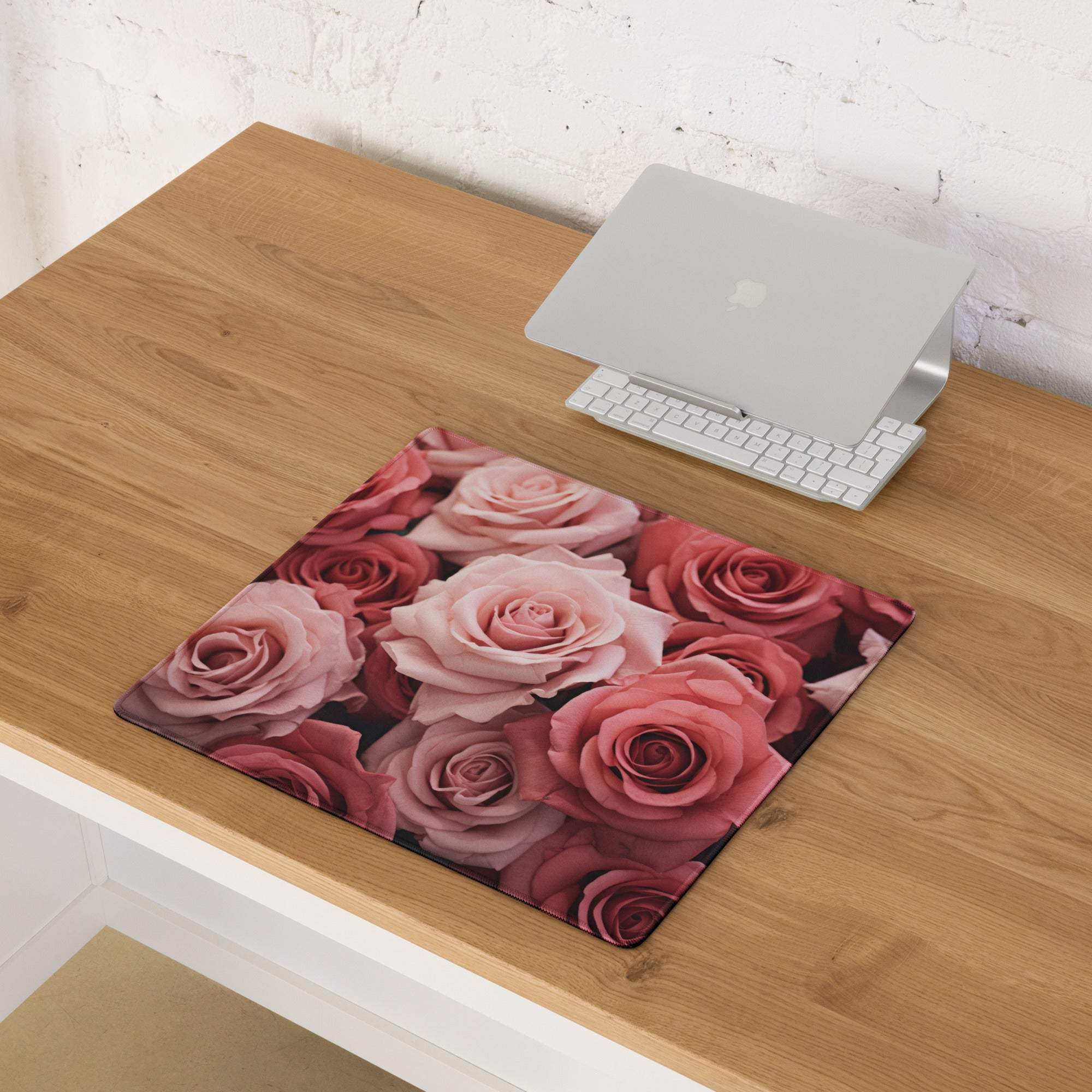 Elegant pink roses large gaming mouse pad with non-slip edge stitching