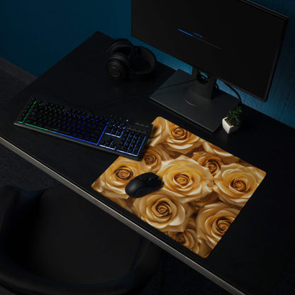Luxurious golden rose gaming mouse pad with non-slip base on dark desk