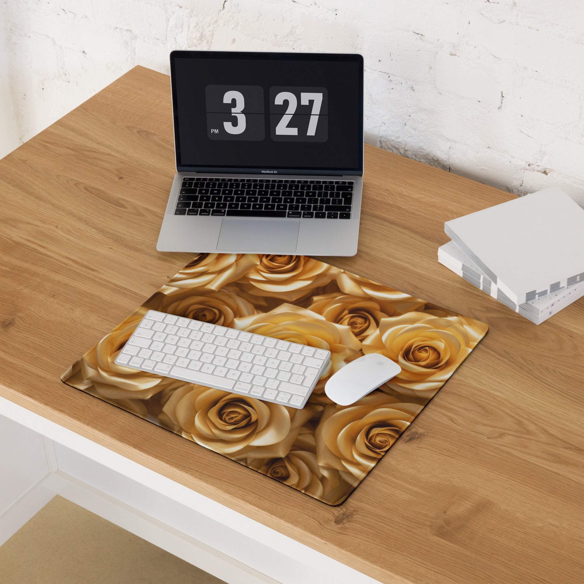 Luxurious golden rose gaming mouse pad with non-slip base and stitched edges