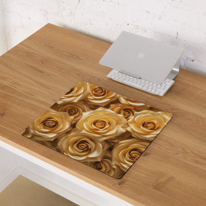 Luxurious golden rose gaming mouse pad on wooden desk