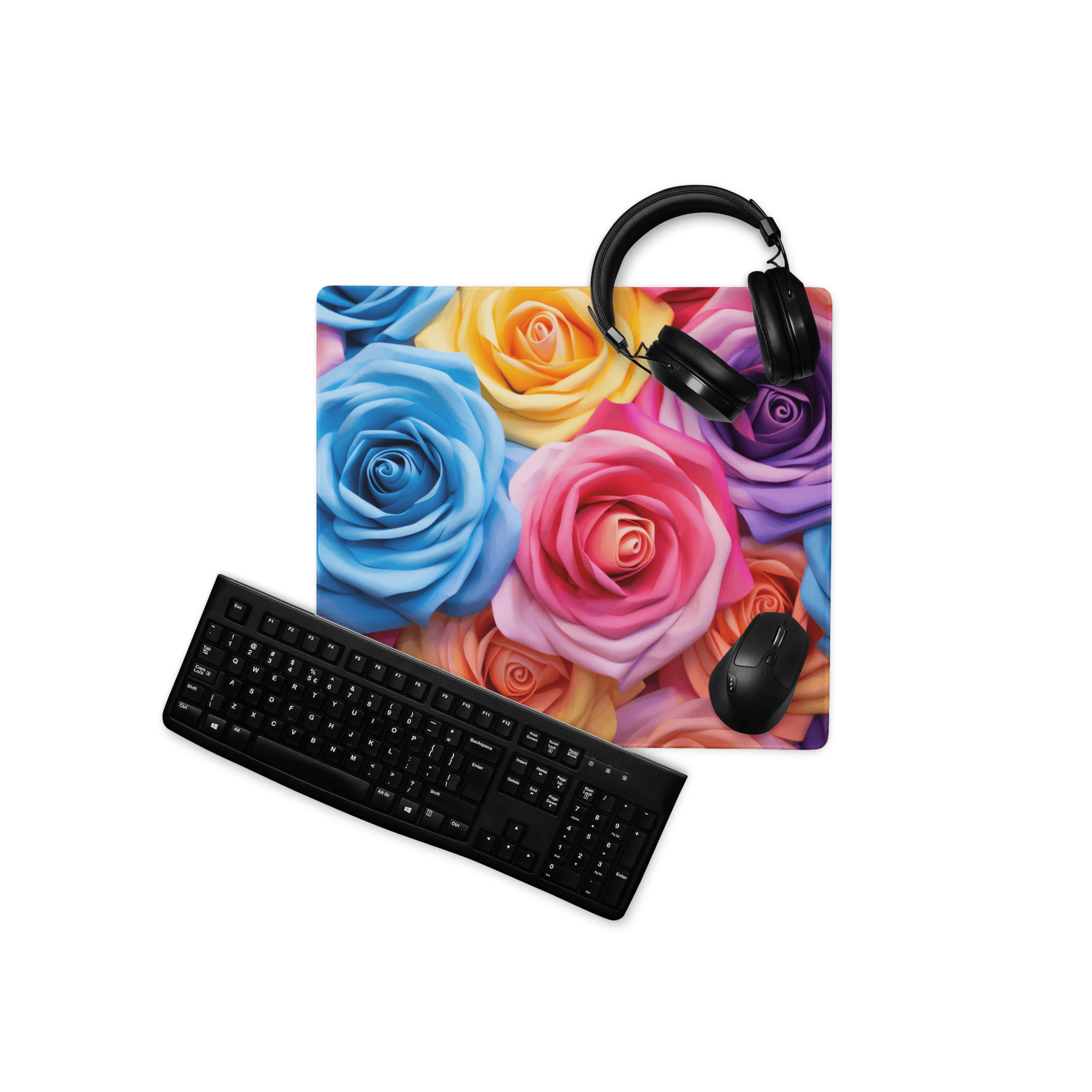 Vibrant floral rainbow gaming mouse pad with multicolored roses and non-slip base