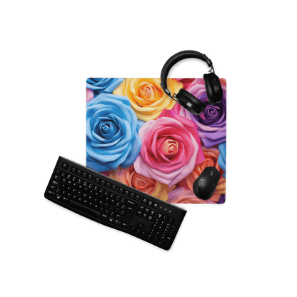 Vibrant floral rainbow gaming mouse pad with multicolored roses and non-slip base