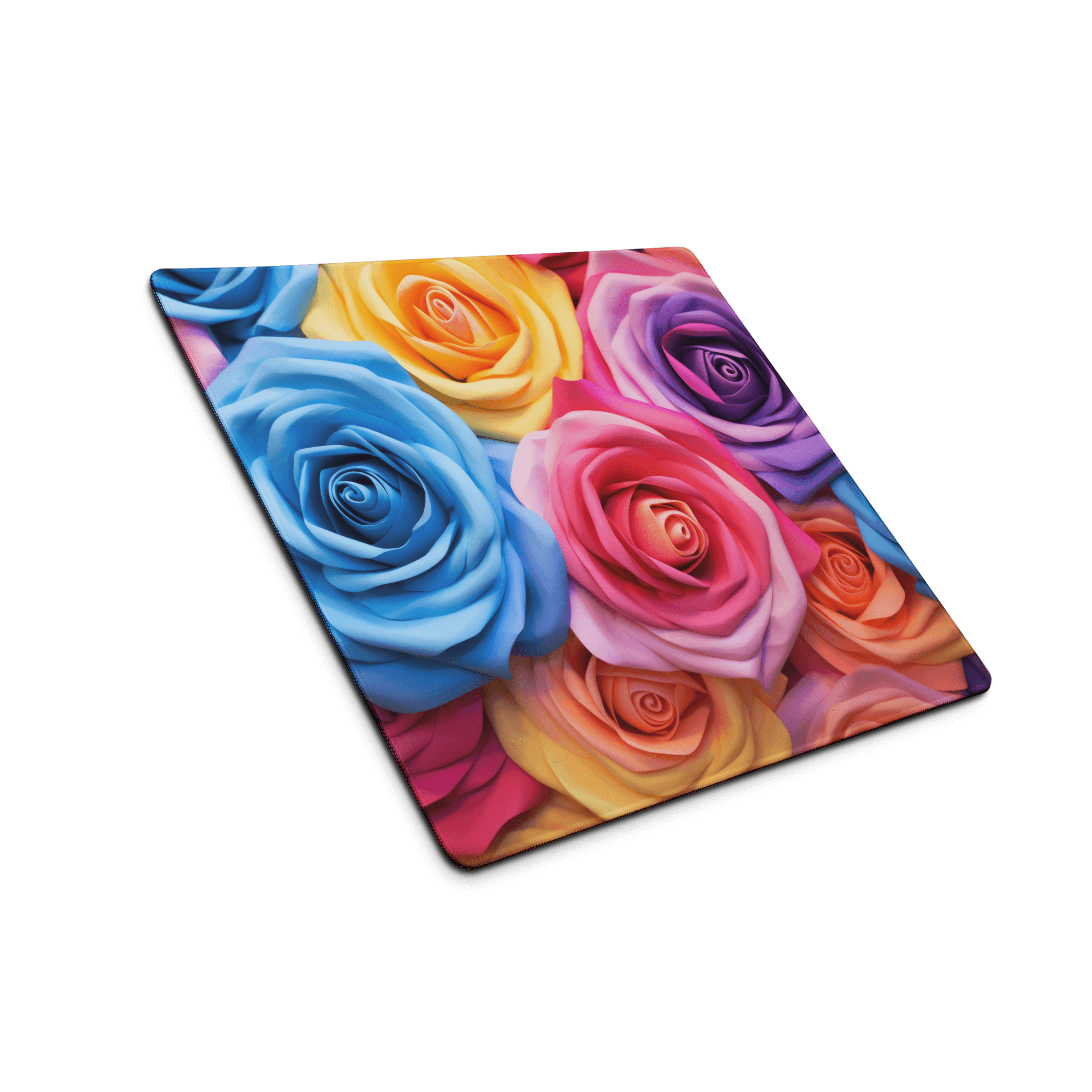 Vibrant multicolored rose print square coaster on floral rainbow gaming mouse pad
