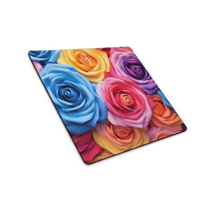Vibrant multicolored rose print square coaster on floral rainbow gaming mouse pad