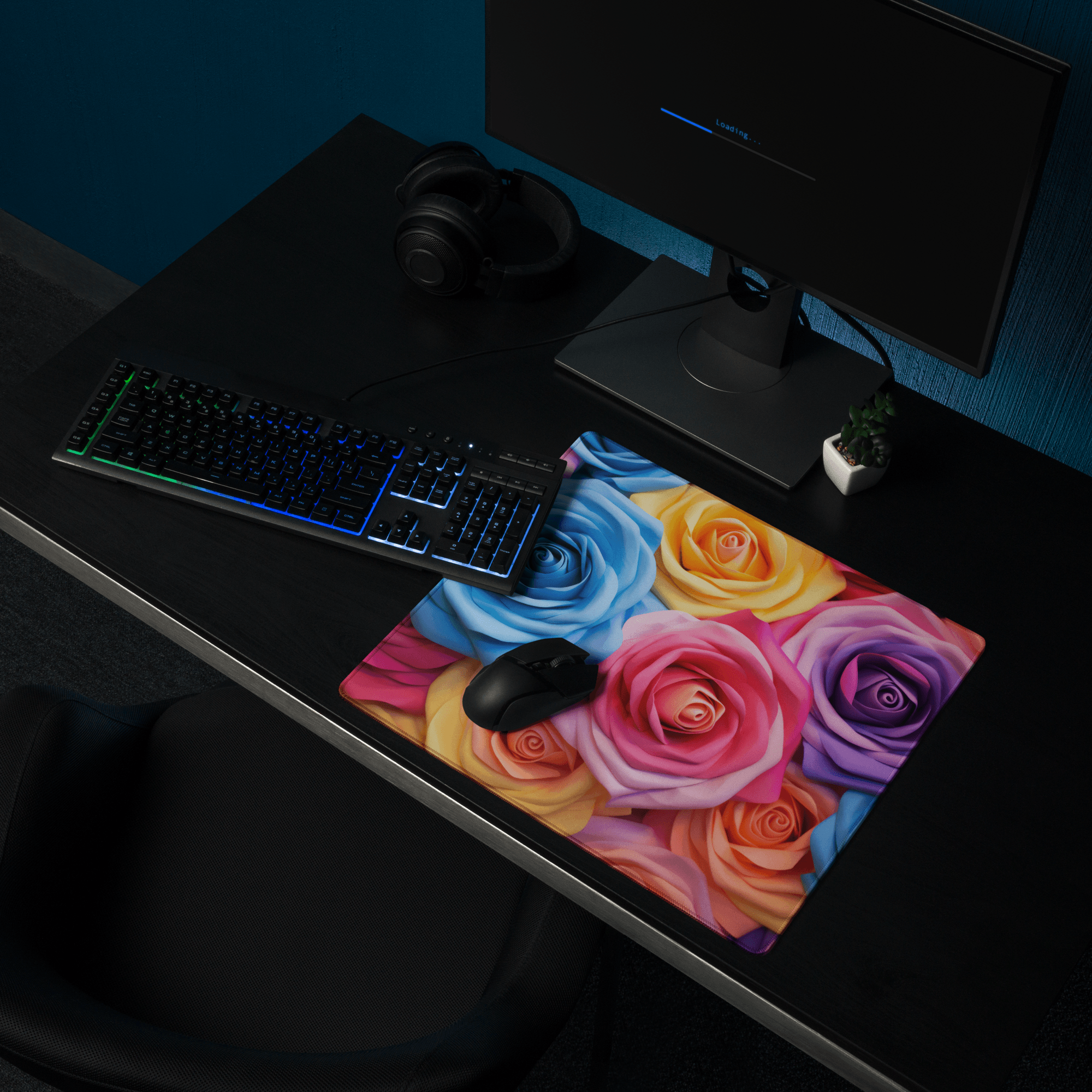 Vibrant multicolored rose gaming mouse pad with edge stitching